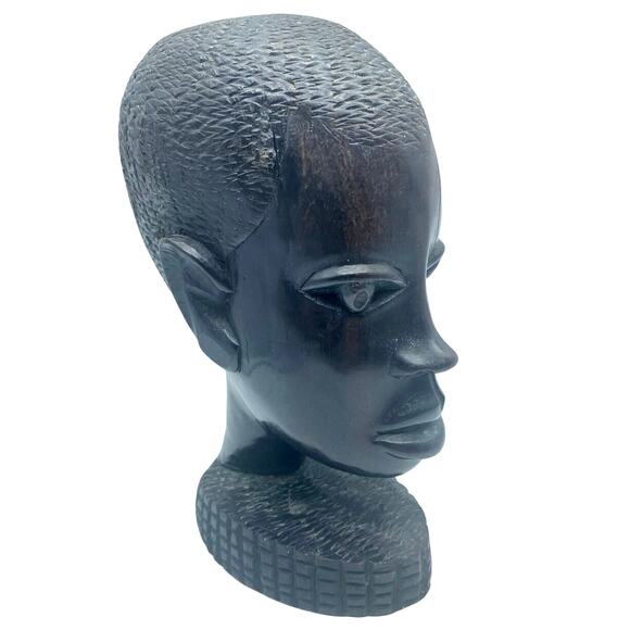 Vintage African Hand Carved Ebony Wood Sculpture Heads set of two - Picture 4 of 8